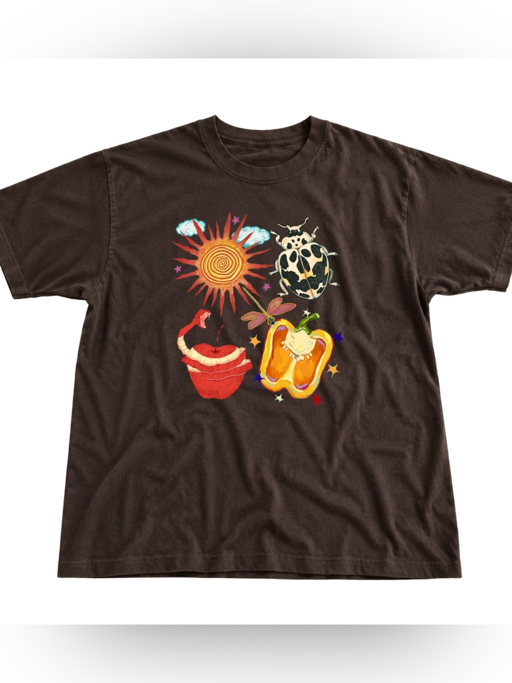 Dark Brown Graphic Tee with Colorful Fruit & Sun Design